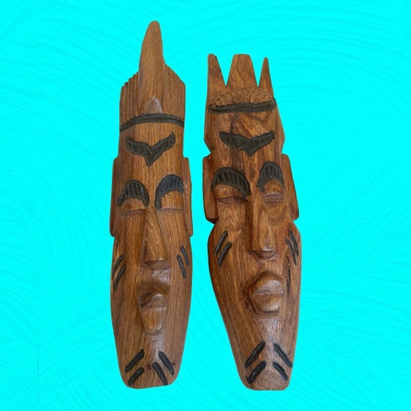 Pair Of Small African Wood Carved Masks With Human Faces 9” Vintage - Picture 10 of 13